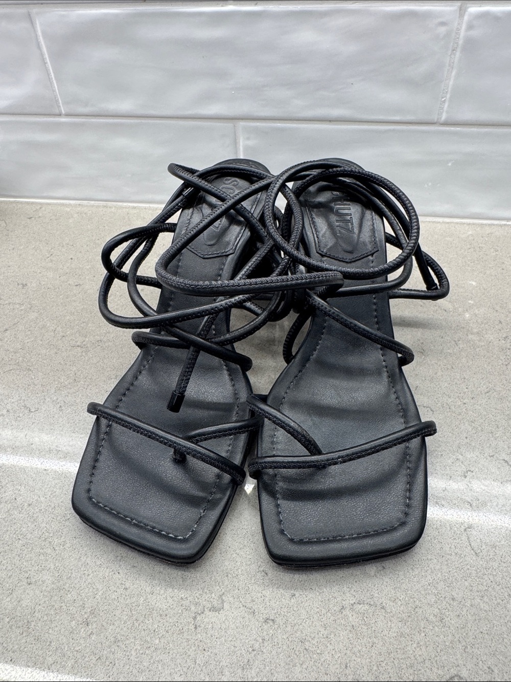 SCHUTZ Black Lace-Up Square-Toe Sandals